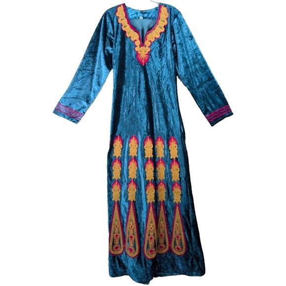 Willow Ridge Maxi Dress Womens 14 Embroidered Teal‎ Velvet Kaftan Boho Long Slv - Picture 1 of 13